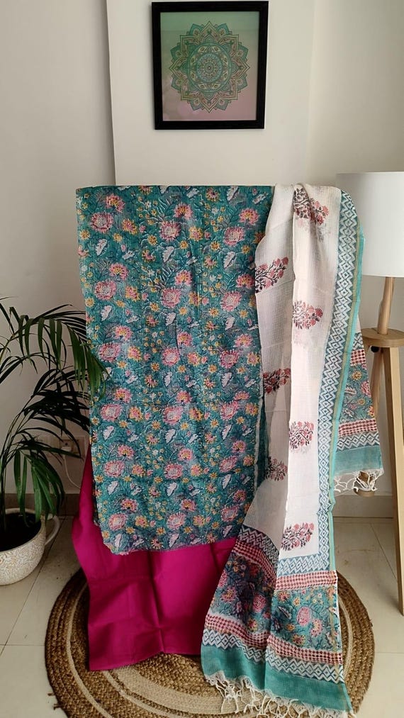 Hand Block Printed Cotton Dress Material Set: Floral Sanganeri Print - Etsy  Israel