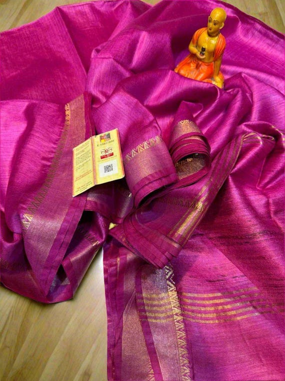 Handwoven Tussar Muga Silk Saree: Temple Border Indian Wear