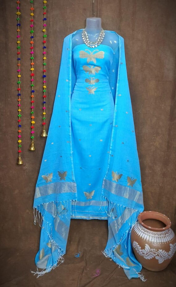 Handloom Cotton Silk Jamdani Top Dupatta Set: Fair Trade Dress Material -  Etsy Israel