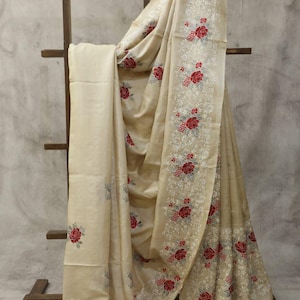 Tussar Muga Embroidered Silk Saree | Ethically Sourced | Fair Trade | Party or Wedding Sari |
