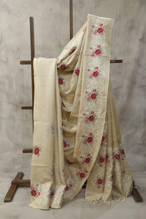 Tussar Muga Embroidered Silk Saree | Ethically Sourced | Fair Trade | Party or Wedding Sari |