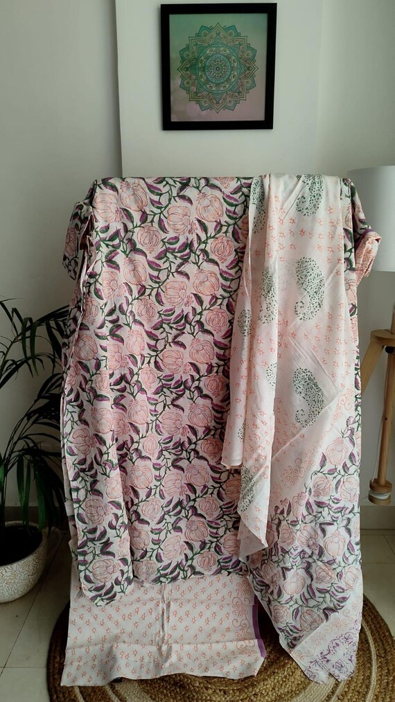 Hand Block Printed Cotton Dress Material Set: Floral Top, Bottom & Dupatta  - Etsy Israel