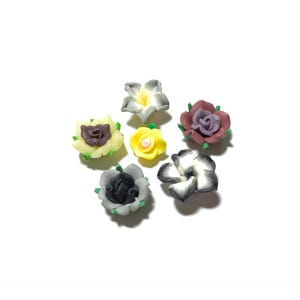 Könnte beinhalten: Sechs kleine, handgefertigte Polymer Clay Blumen in verschiedenen Farben, darunter Gelb, Weiß, Schwarz, Lila und Braun. Die Blumen sind in einer Gruppe auf weißem Hintergrund angeordnet.