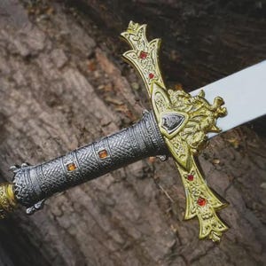 Handmade King Arthur Excalibur sword , Crown Head Merlin sword with Leather Sheath ,