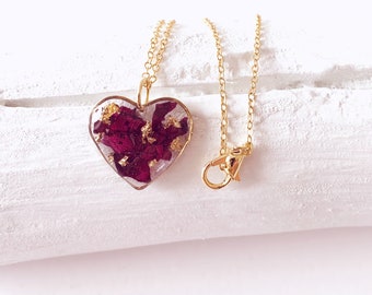 Cora- Real Rose Petal Heart Necklace | Unique Gift for Her, Bridesmaid, Sister, BFF, Mom | Pressed Flower Jewelry | Dainty Gold Chain | 91CF