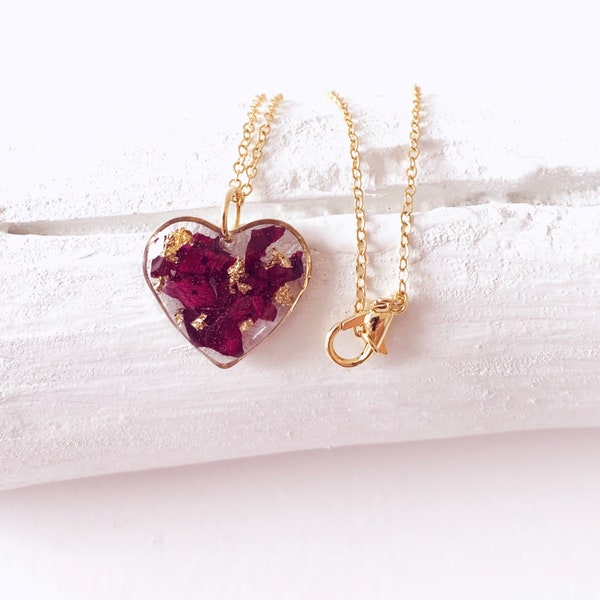 Cora - Collier coeur véritable pétale de rose | Cadeau unique pour elle, demoiselle d'honneur, soeur, meilleure amie, maman | Bijoux fleurs pressées | chaîne en or délicate | 91CF