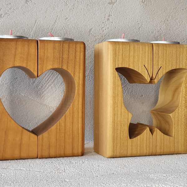 Wooden candle holders, Heart shaped, Butterfly shaped, Tealight holder, Table centerpiece, Home decoration, Rustic Wood Decor, Wedding gift
