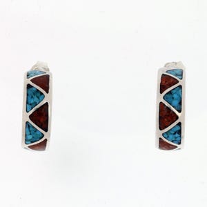 Vintage Zuni Hoop Earrings 925 Sterling Silver Inlaid Turquoise Coral Inlay - Geometric Zig Zag Native American Handmade Jewelry