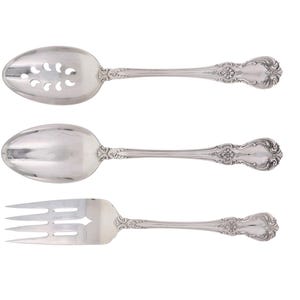Towle Old Master Sterling Silver 925 Serving Set Circa 1942—Pierced & Solid Spoons, Meat Fork—214.6g Vintage Flatware No Monogram Heirloom