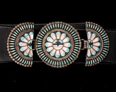 Sterling Silver Sleeping Beauty Turquoise Zuni Concho Needlepoint Petite Point Vintage Belt Buckle Native American Cowgirl Western Handmade