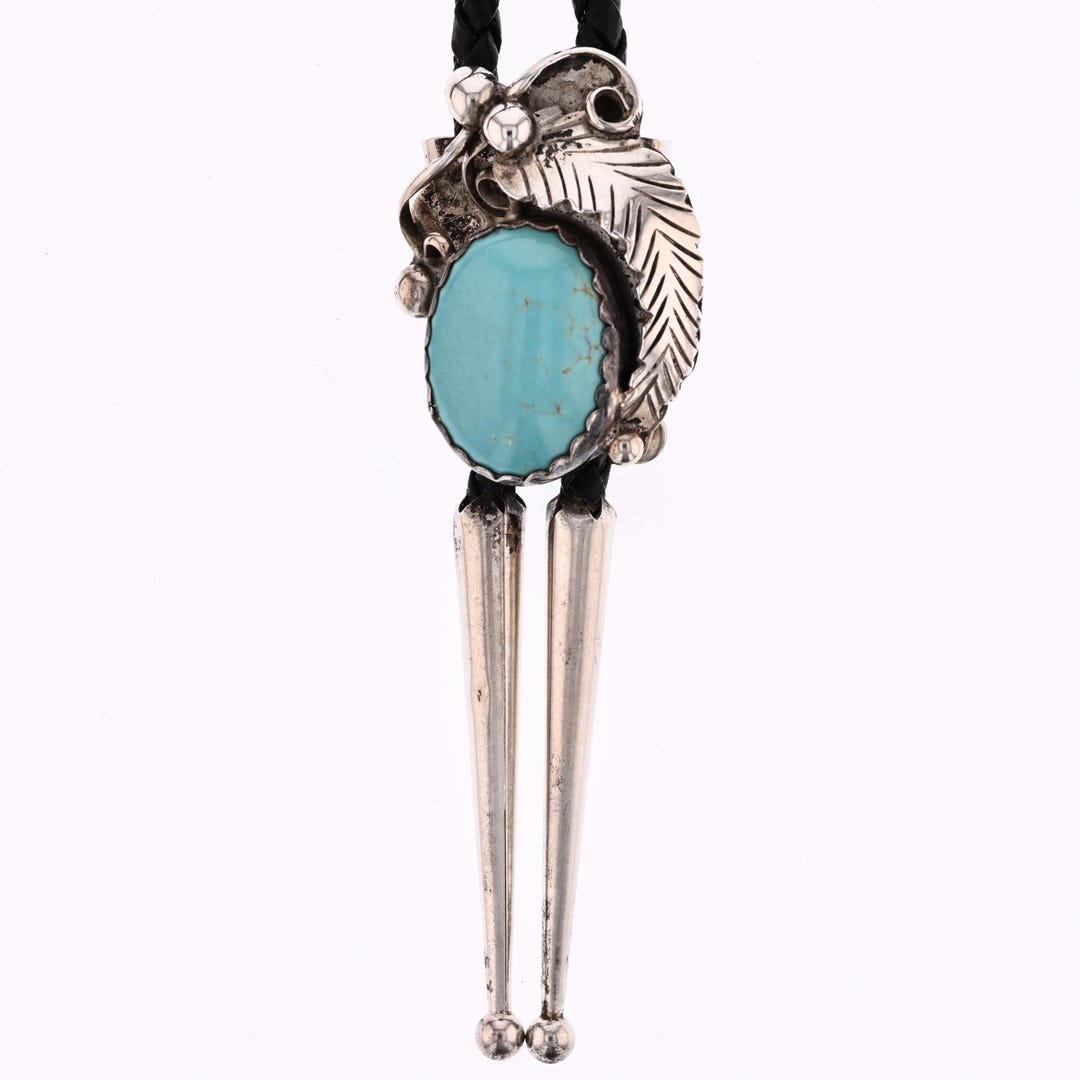 Vintage Navajo Sterling Silver 925 Turquoise Leaf Bolo Tie Necklace ...