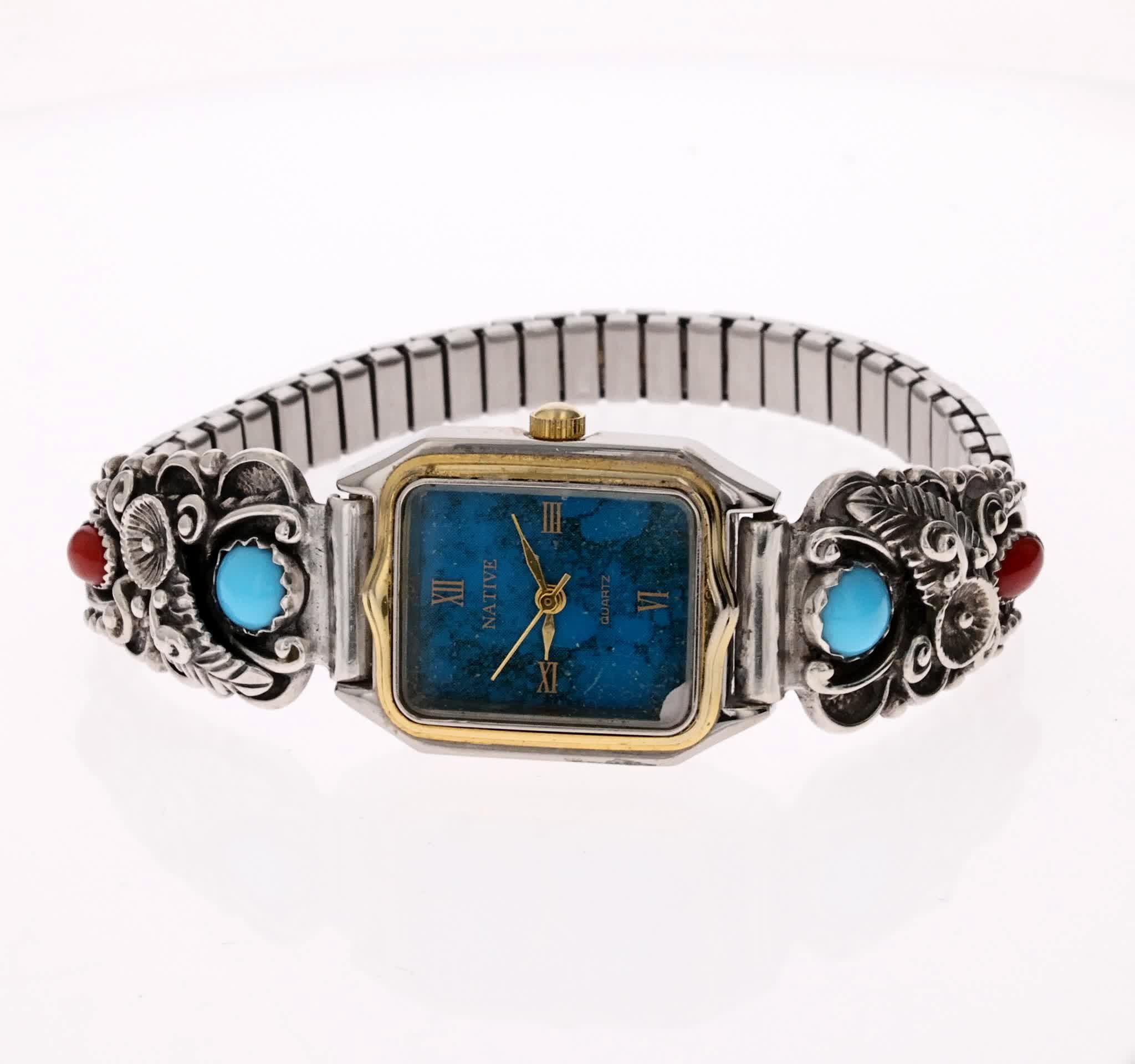 STC Sterling Navajo Turquoise Coral Blue Quartz Watch Made in the USA Working Navajo Silver Watch Tips -Turquoise & Coral (65bc41  main image 2