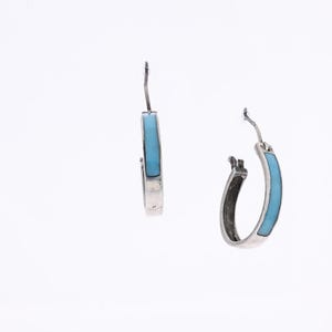 Vintage Navajo Hoop Earrings 925 Sterling Silver Turquoise Inlay - Signed CW Native American Handmade Jewelry