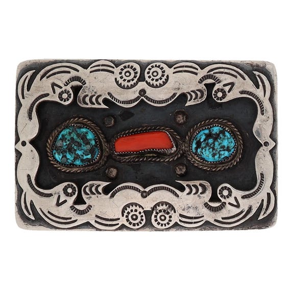 Vintage Native American Sterling Silver 925 Turqoise And Coral Belt Buckle Navajo Turquoise Red Coral Belt Buckle Sterling Silver 925  main image 3