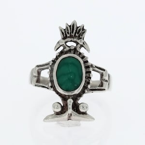 Anillo mexicano vintage de plata de ley 925 con malaquita y pájaro trueno - Albania, dos águilas bicéfalas, Serbia y Montenegro, joyería hecha a mano, talla 7