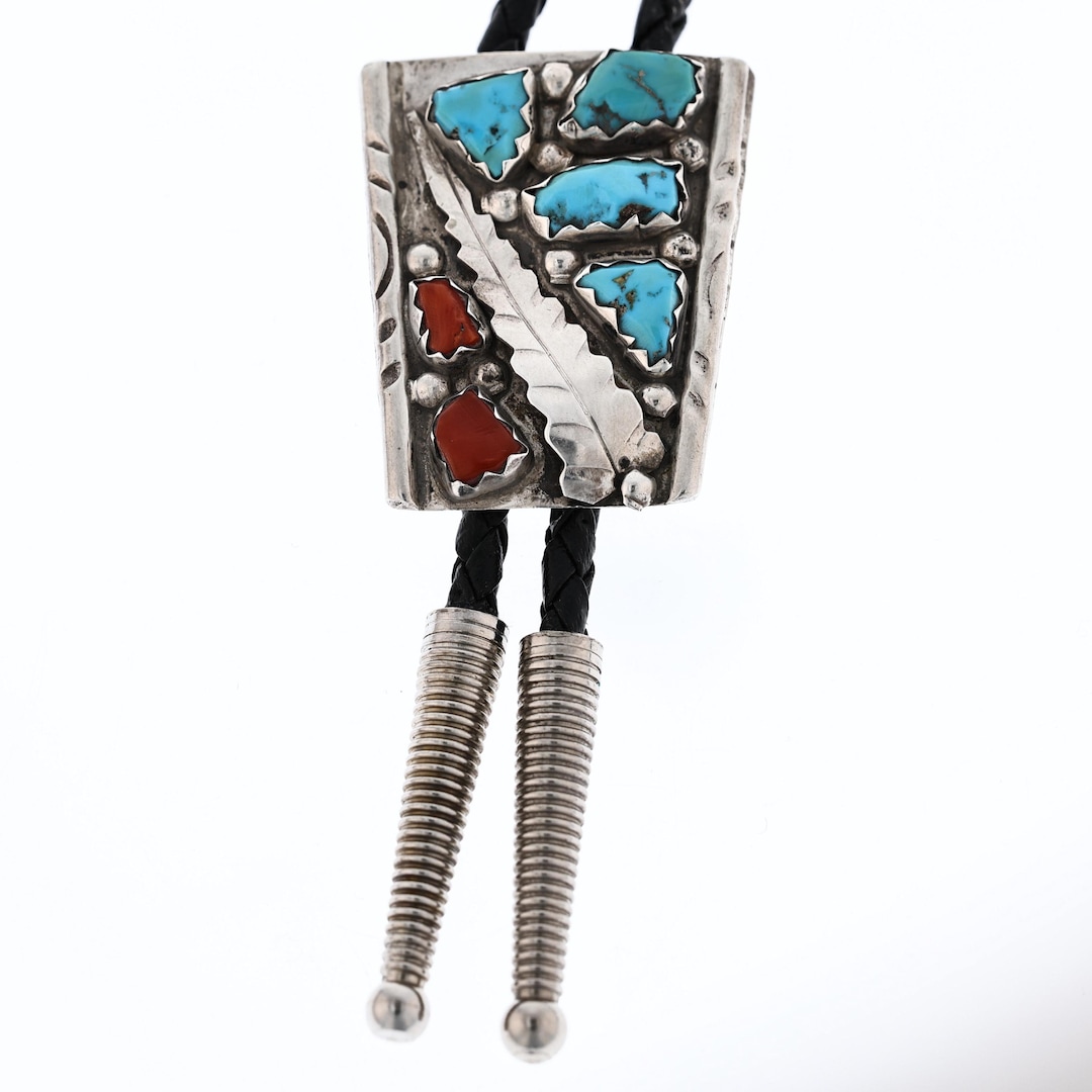 Vintage Zuni Sterling Silver 925 Turquoise Coral Bolo Tie Necklace ...