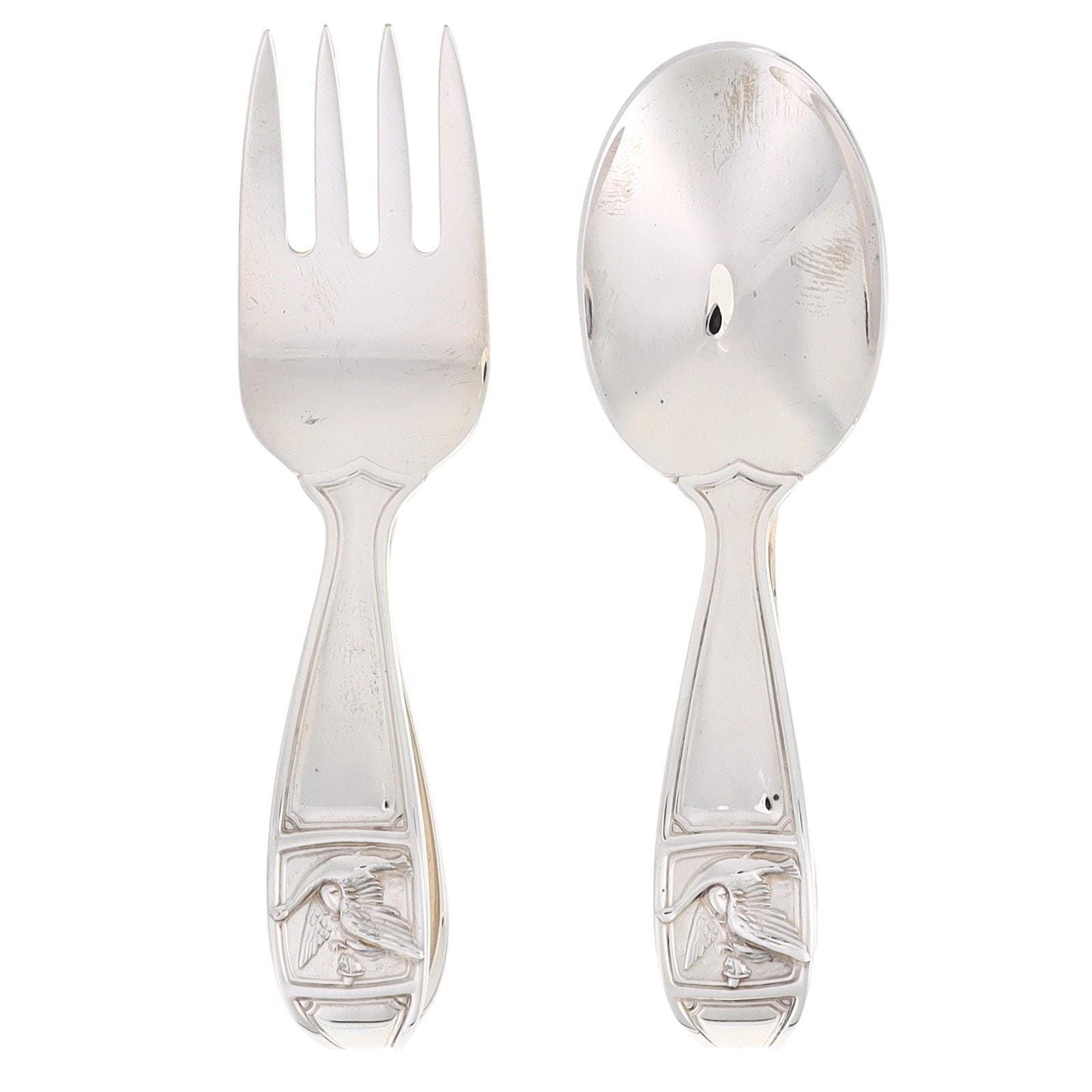 New Sterling Silver Tiffany Mother Goose Bent Handle Baby Feeding