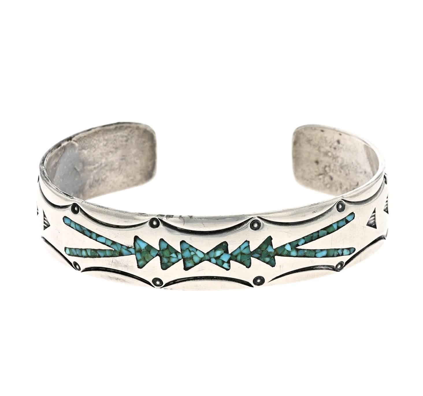 SALE Signed-Gibson Gene Navajo Vntg Crushed Turquoise Inlay Sterling Watch Cuff Vintage Navajo Turquoise & Sterling Silver Jumbo Watch Cuff main image 2