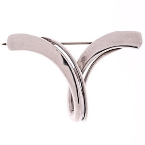 Vintage Taxco Mexico Sterling Silver Ribbon Bow V Modernist Abstract Sculptural Design Pin Brooch 925 Artisan Handcrafted Mexican Jewelry