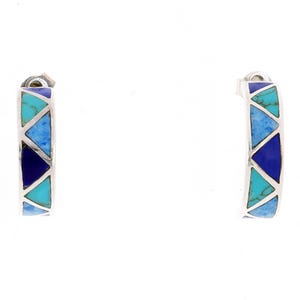 Vintage Navajo Hoop Earrings 925 Sterling Silver Turquoise Lapis Lazuli Channel Inlay - Geometric Zig Zag Signed Native American Handmade