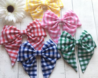 HANDMADE RED GINGHAM SCHOOL BOW 5" GIRL KIDS RIBBON BOW CLIP HAIR ACCESSORIES