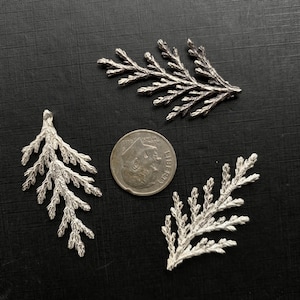 May include: Three silver-colored, detailed sprig-shaped charms are displayed on a dark surface, next to a dime for size comparison. The charms have a textured, naturalistic appearance, resembling small branches or leaves. The charms are likely for jewelry making or crafting.