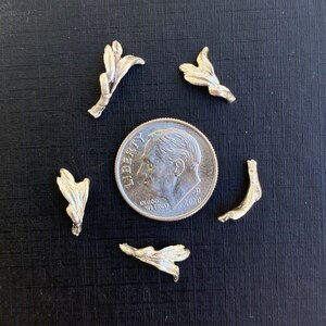 Könnte beinhalten: Fünf silberfarbene, blattförmige Metallverzierungen auf schwarzem Hintergrund. Eine US-Dime-Münze befindet sich in der Mitte des Bildes als Größenvergleich.