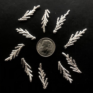 May include: Ten silver-colored metal sprigs, each resembling a small evergreen branch, are arranged in a circle around a US dime coin. The coin is dated 2019 and reads "IN GOD WE TRUST" and "LIBERTY".