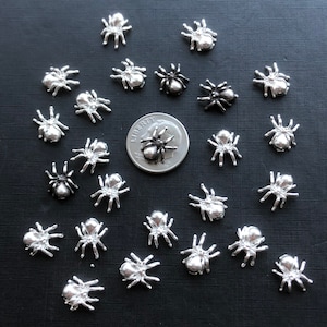 May include: A collection of silver and black spider charms. The charms are arranged in a circle around a US quarter. The charms are about the size of a dime.