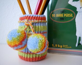 Schreibtisch-Organizer Stiftebecher, Glas mit gestrickter Hülle