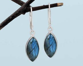 Blue Labradorite Sterling Silver Dangle Earrings, Faceted Gemstone Bridal Jewelry