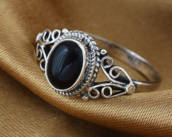 Handcrafted Sterling Silver Black Onyx Ring, Oval Cabochon Filigree Statement Jewelry