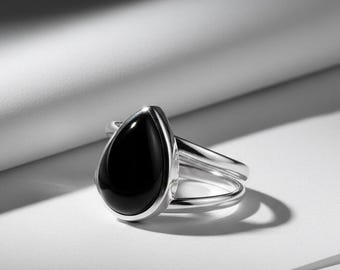 Black Onyx Double Shank Ring 925 Sterling Silver Statement Gemstone Ring for Women
