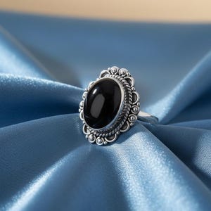 Natural Black Onyx Sterling Silver Ring, December Birthstone Cabochon Jewelry
