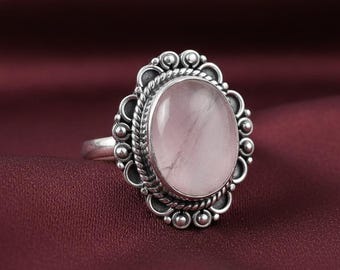 Natural Rose Quartz Oxidized Sterling Silver Ring for Women, Vintage Handmade Pink Gemstone Jewelry