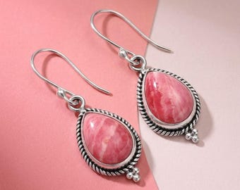 Rhodochrosite Earrings, Pink Stone Dangle Silver Earring for Women, Jewelry for Wedding