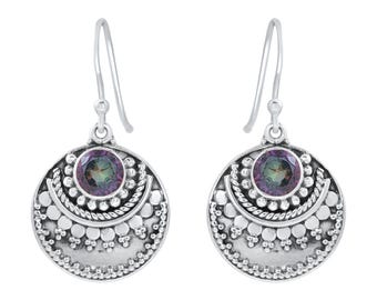 Sterling Silver Mystic Quartz Dangle Earrings, Vintage Boho Rainbow Gemstone Jewelry