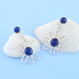 Blue Lapis Lazuli Gemstone Silver Crystal Floral Earrings Boho Flower Jewelry Gift Dainty Lapis Earrings Women Birthstone Dangle Earrings
