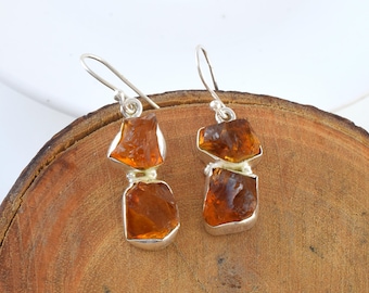 Raw Citrine 925 Sterling Silver Drop Dangle Earrings, November Birthstone Gemstone Jewelry