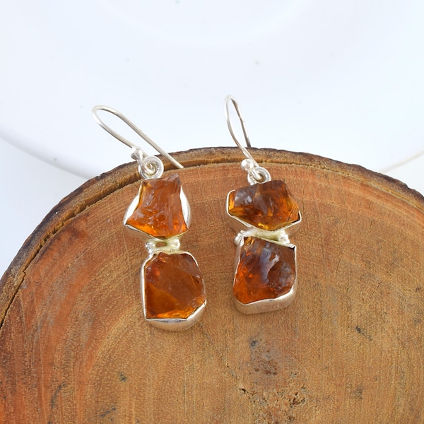 Raw Yellow Citrine Silver Dangle Earrings Gemstone Jewelry Gift Crystal Oxidized Jewelry Birthstone Earrings Wedding/Anniversary Earrings