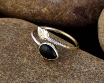 Black Onyx Leaf Ring, Pear Cabochon, Solid 925 Sterling Silver Open Cuff