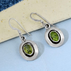 Green Peridot Gemstone Silver Dangle Earrings Crystal Jewelry Gift 925 Sterling Silver Earrings Thanksgiving Gift August Birthstone Earrings