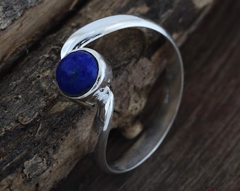 Natural Lapis Lazuli Solitaire Ring, Sterling Silver Bypass Band, Blue Gemstone Jewelry, Elena Daylight Ring