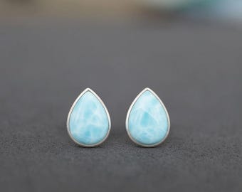 Sterling Silver Larimar Teardrop Stud Earrings, Ocean Blue Minimalist Beach Jewelry