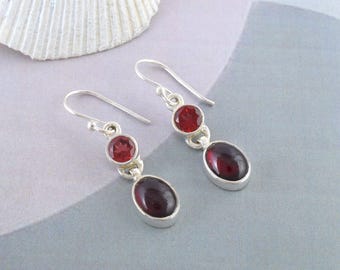 Pendientes colgantes de granate, plata de ley 925, joyería minimalista de doble piedra, regalo para ella