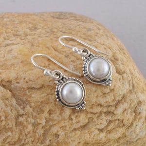 Pearl Silver Gemstone Dangle Earrings Boho Pearl Wedding Earrings Dainty Birthstone Earrings 925 Sterling Silver Earrings