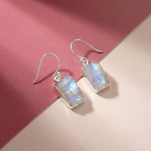 Rohe Regenbogen Mondstein Ohrringe, Sterling Silber Anhänger