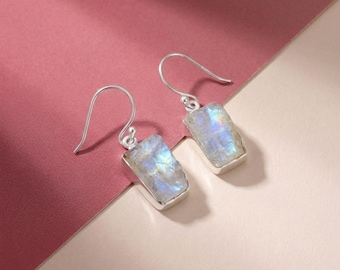 Raw Rainbow Moonstone Earrings, Sterling Silver Dangle Healing Crystals