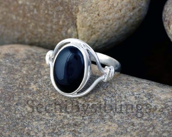 Sterling Silver Black Onyx Wrap Ring, Oval Gemstone Statement Jewelry