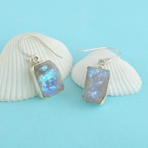 Genuine Raw Moonstone Gemstone Silver Earrings Sterling Silver Earrings Healing Crystal Dangle Earrings Rough Rainbow Moonstone Earrings